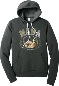 Mallard Mama hoodie in Dark Grey Heather, featuring MAMA in gingham and floral patchwork letters above a painted mallard duck framed by ribbons and laurels