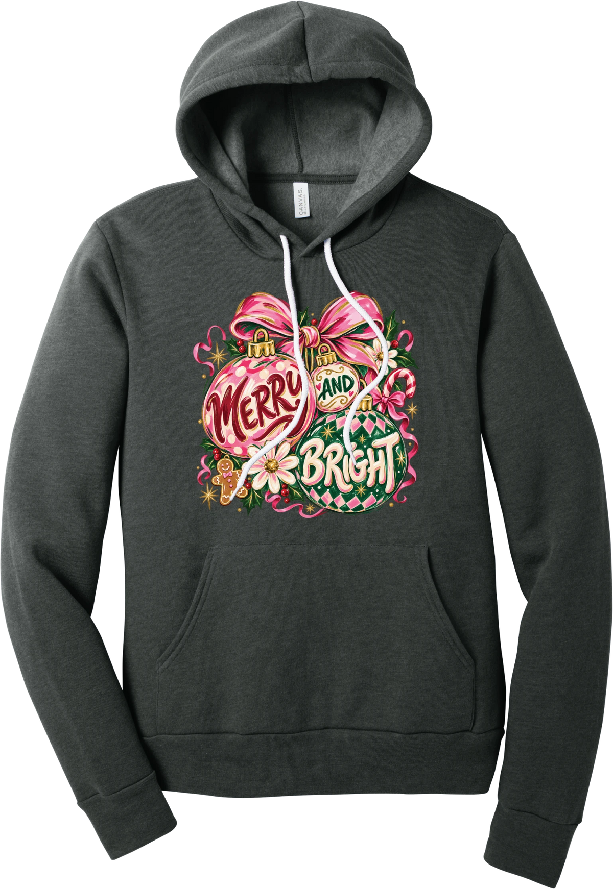 Merry and Bright Ornaments hoodie in Dark Grey Heather, featuring hand-painted pink and green ornaments reading Merry and Bright with a pink bow, holly, daisies, a candy cane, and a gingerbread man