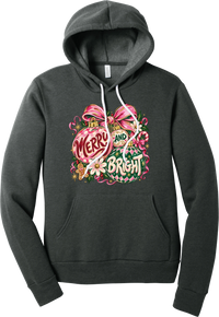 Merry and Bright Ornaments hoodie in Dark Grey Heather, featuring hand-painted pink and green ornaments reading Merry and Bright with a pink bow, holly, daisies, a candy cane, and a gingerbread man
