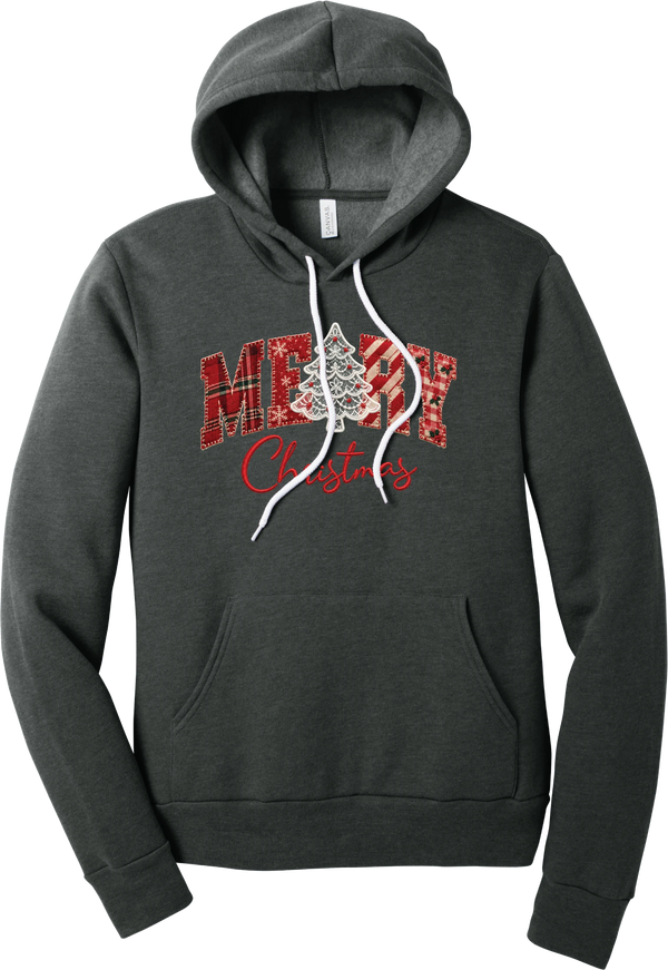 Merry Lace and Pattern Applique hoodie in Dark Grey Heather, featuring faux applique MERRY letters in red plaid, snowflake, candy cane, and gingham fabrics with a lace Christmas tree and red script Christmas