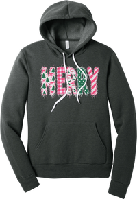 Merry Preppy Applique hoodie in Dark Grey Heather, featuring faux applique MERRY letters in pink and green patchwork patterns with trees, gingham, Santas, polka dots, and candy cane stripes