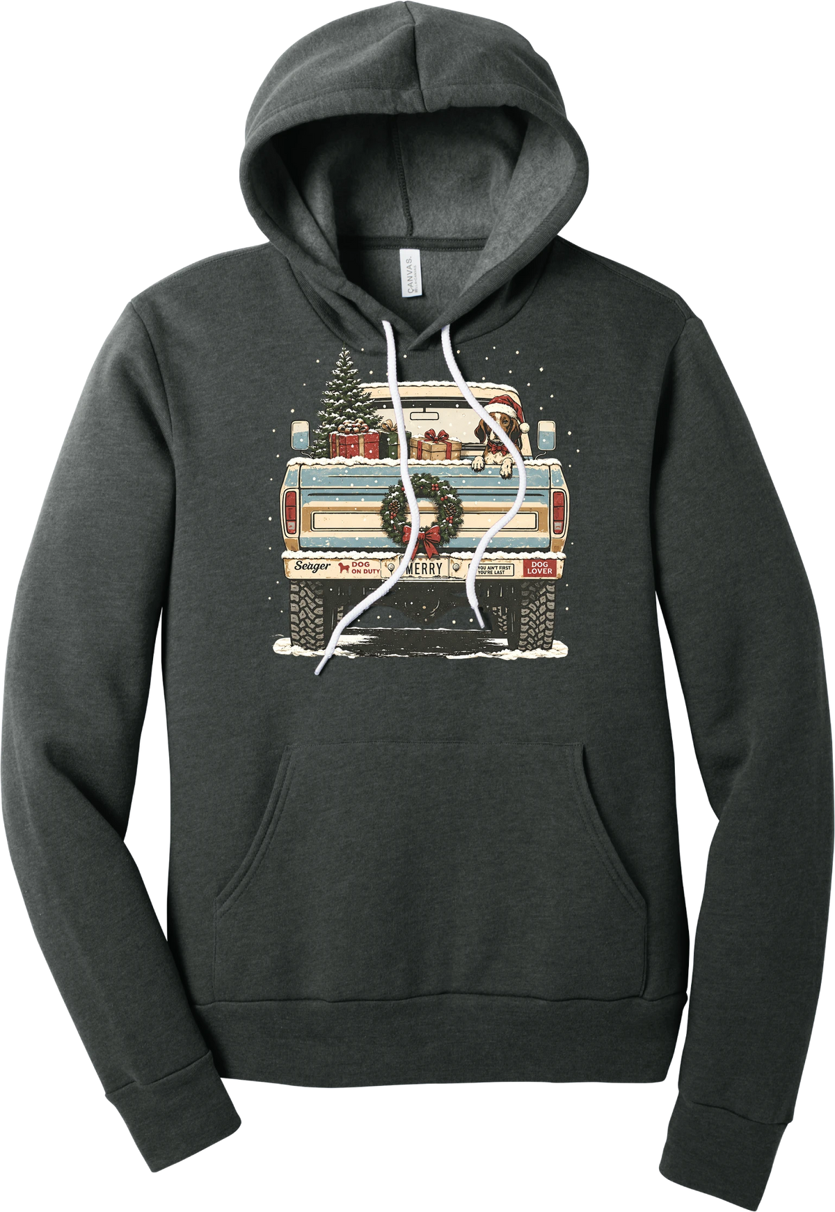 Christmas Pickup Truck with Dog hoodie in Dark Grey Heather, featuring a vintage pickup truck with a Christmas tree, wrapped gifts, a tailgate wreath, and a dog in a Santa hat