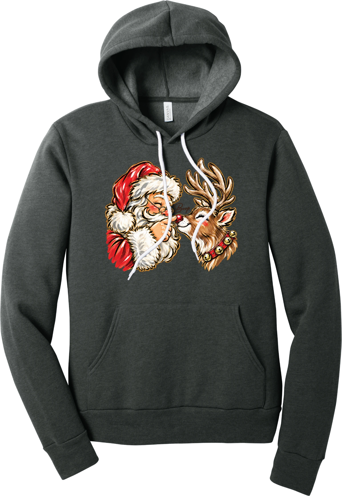 Santa and Rudolph Boop hoodie in Dark Grey Heather, featuring a hand-painted vintage Santa booping a smiling reindeer on its red nose