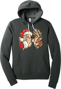 Santa and Rudolph Boop hoodie in Dark Grey Heather, featuring a hand-painted vintage Santa booping a smiling reindeer on its red nose