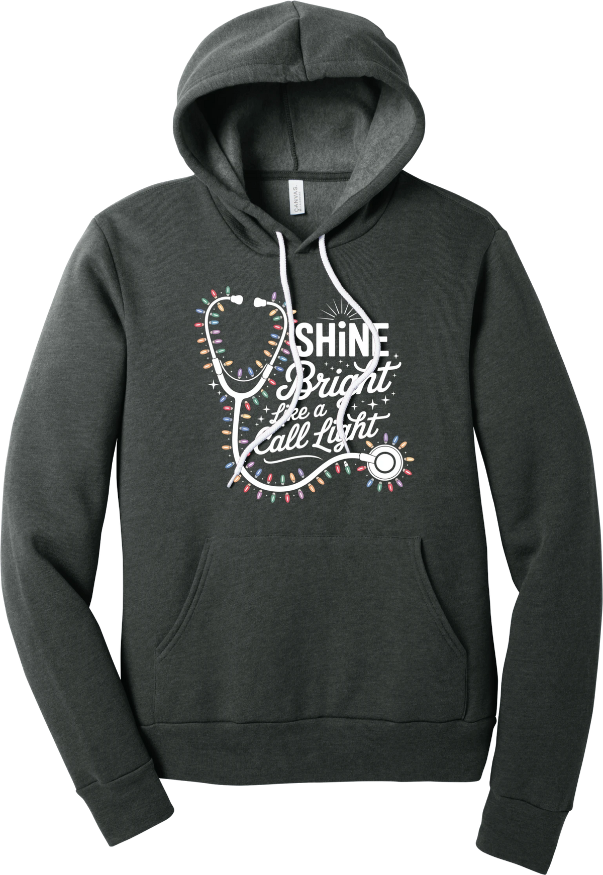 Shine Bright Like a Call Light hoodie in Dark Grey Heather, featuring a white stethoscope wrapped in multicolor Christmas lights with Shine Bright Like a Call Light lettering and sparkles