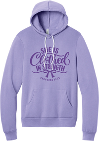 Clothed in Strength hoodie in Dark Lavender, featuring She Is Clothed in Strength in hand lettered script with a bow and Proverbs 31:25