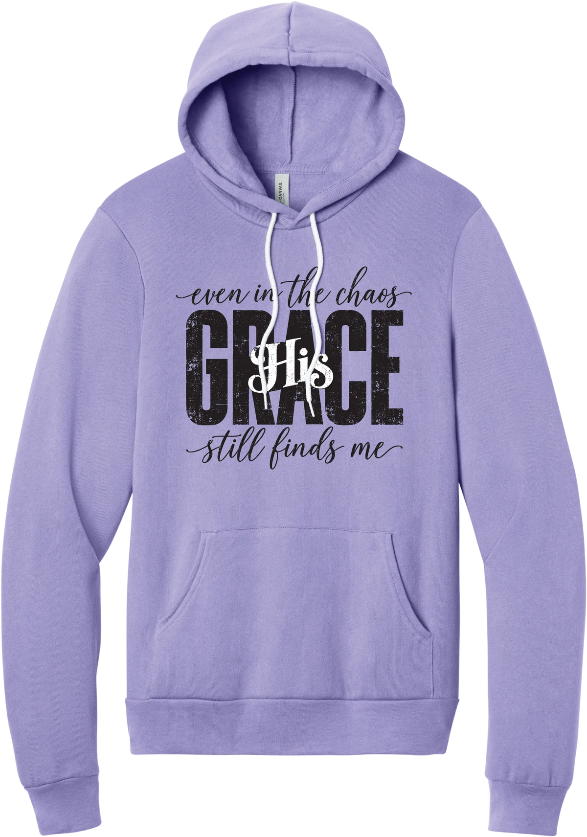 Even in the Chaos hoodie in Dark Lavender, featuring distressed GRACE lettering with His in script, framed by even in the chaos and still finds me