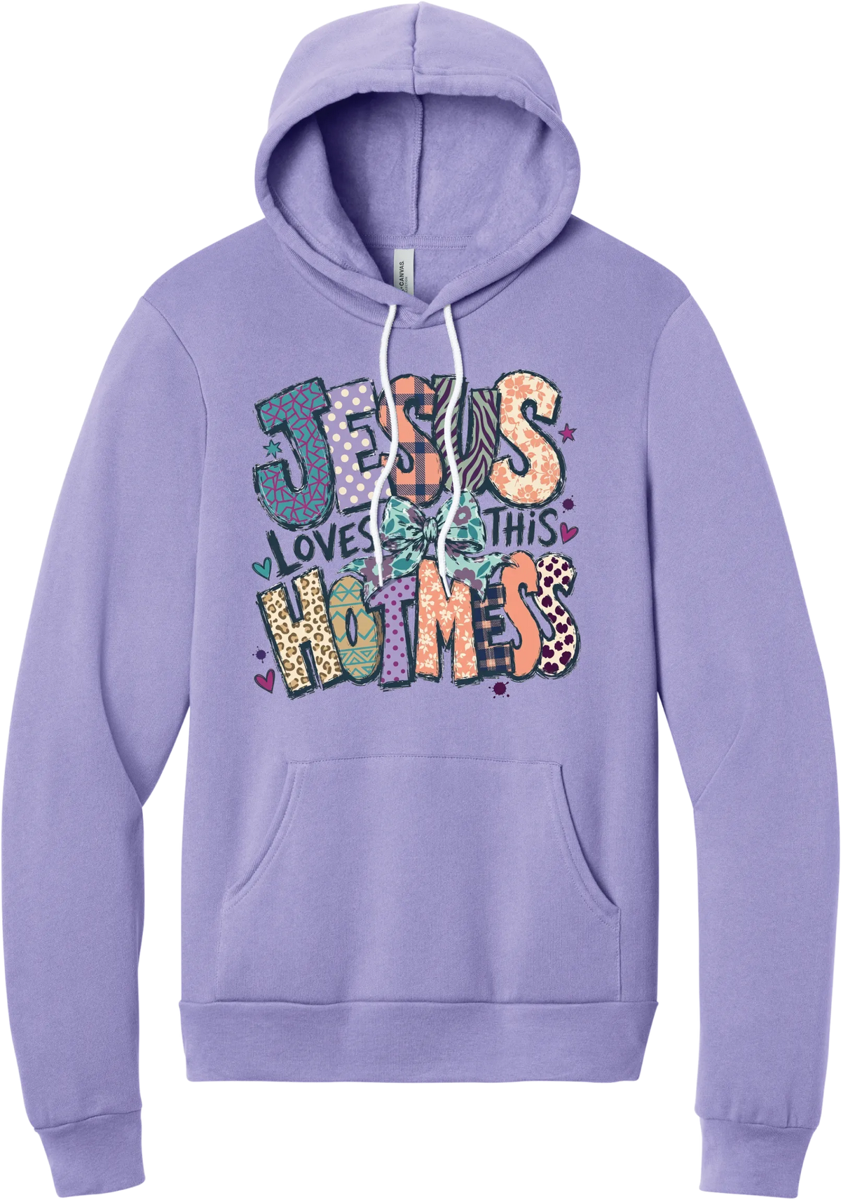 Jesus Loves This Hot Mess hoodie in Dark Lavender, featuring patchwork Jesus Loves This Hot Mess lettering in leopard, plaid, polka dot, and zebra prints with a bow and hearts