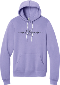 Made for More hoodie in Dark Lavender, featuring made for more in flowing script with a small cross and Ephesians 2:10