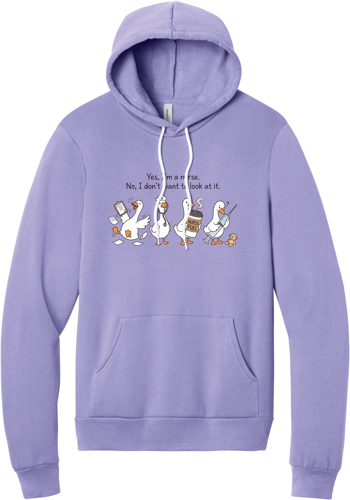 Yes I'm a Nurse Goose hoodie in Dark Lavender, featuring four nurse geese with a clipboard, stethoscope, coffee cup, and syringe under Yes, I'm a nurse. No, I don't want to look at it.