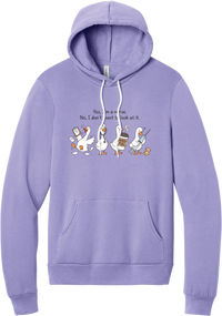 Yes I'm a Nurse Goose hoodie in Dark Lavender, featuring four nurse geese with a clipboard, stethoscope, coffee cup, and syringe under Yes, I'm a nurse. No, I don't want to look at it.