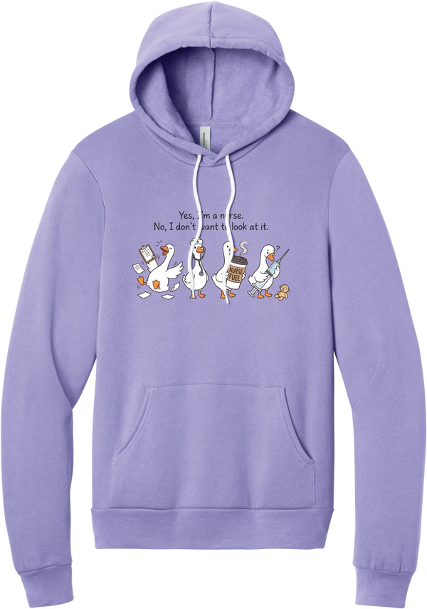 Yes I'm a Nurse Goose hoodie in Dark Lavender, featuring four nurse geese with a clipboard, stethoscope, coffee cup, and syringe under Yes, I'm a nurse. No, I don't want to look at it.
