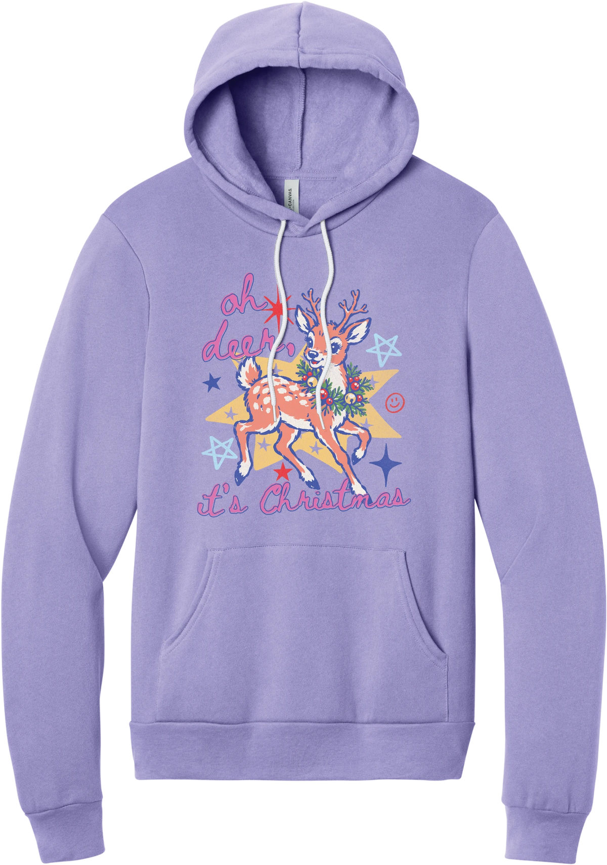 Oh Deer Retro hoodie in Dark Lavender, featuring a retro spotted fawn with a holly wreath, pastel stars, and Oh Deer It's Christmas script
