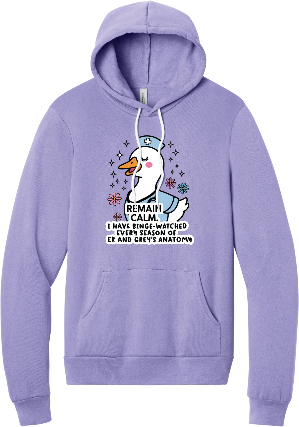 Remain Calm Nurse hoodie in Dark Lavender, featuring a smiling nurse goose in a cap and scrubs with sparkles and flowers above Remain Calm text