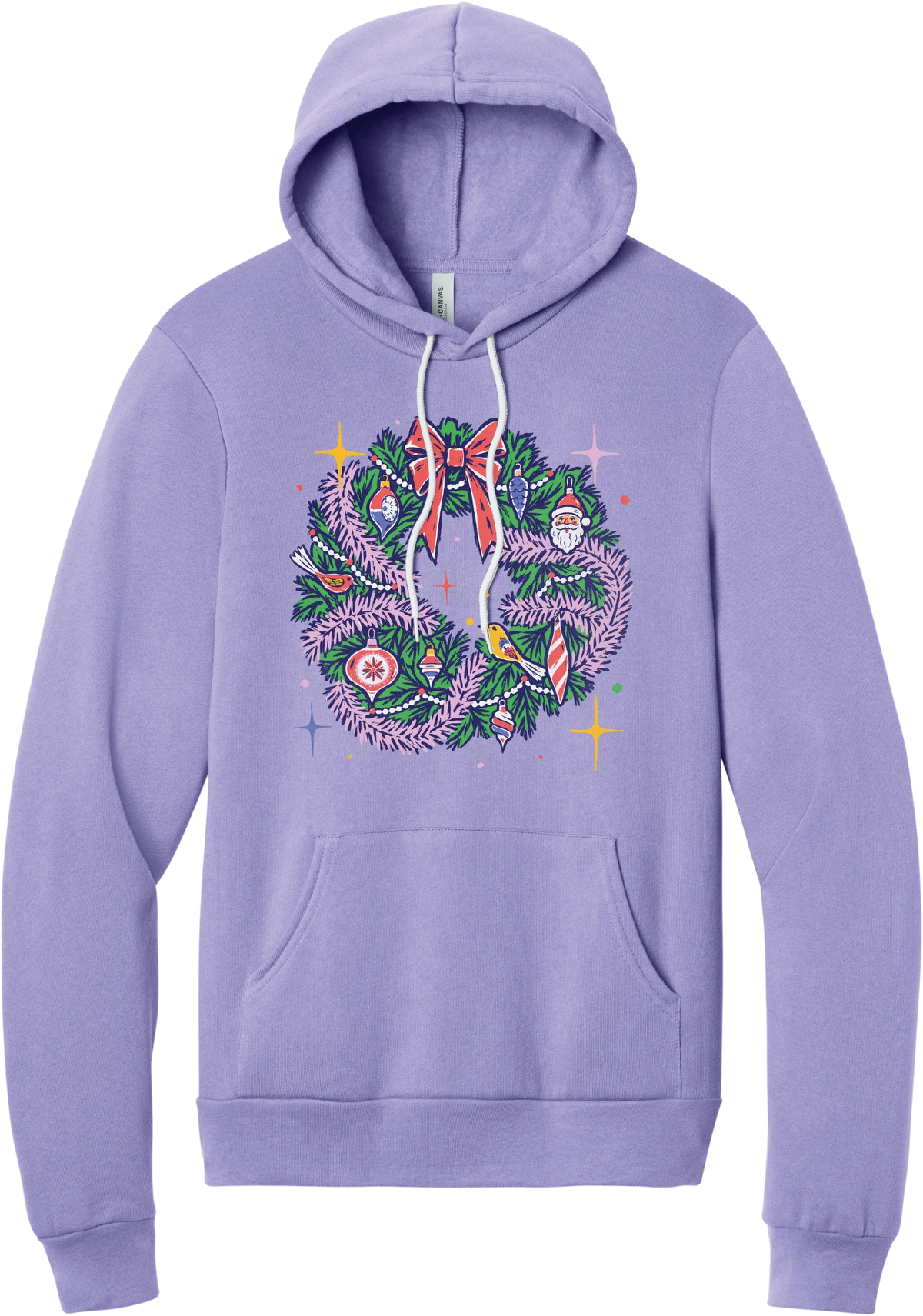 Retro Wreath hoodie in Dark Lavender, featuring a retro tinsel Christmas wreath with vintage ornaments and a red bow