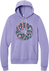 Retro Wreath hoodie in Dark Lavender, featuring a retro tinsel Christmas wreath with vintage ornaments and a red bow