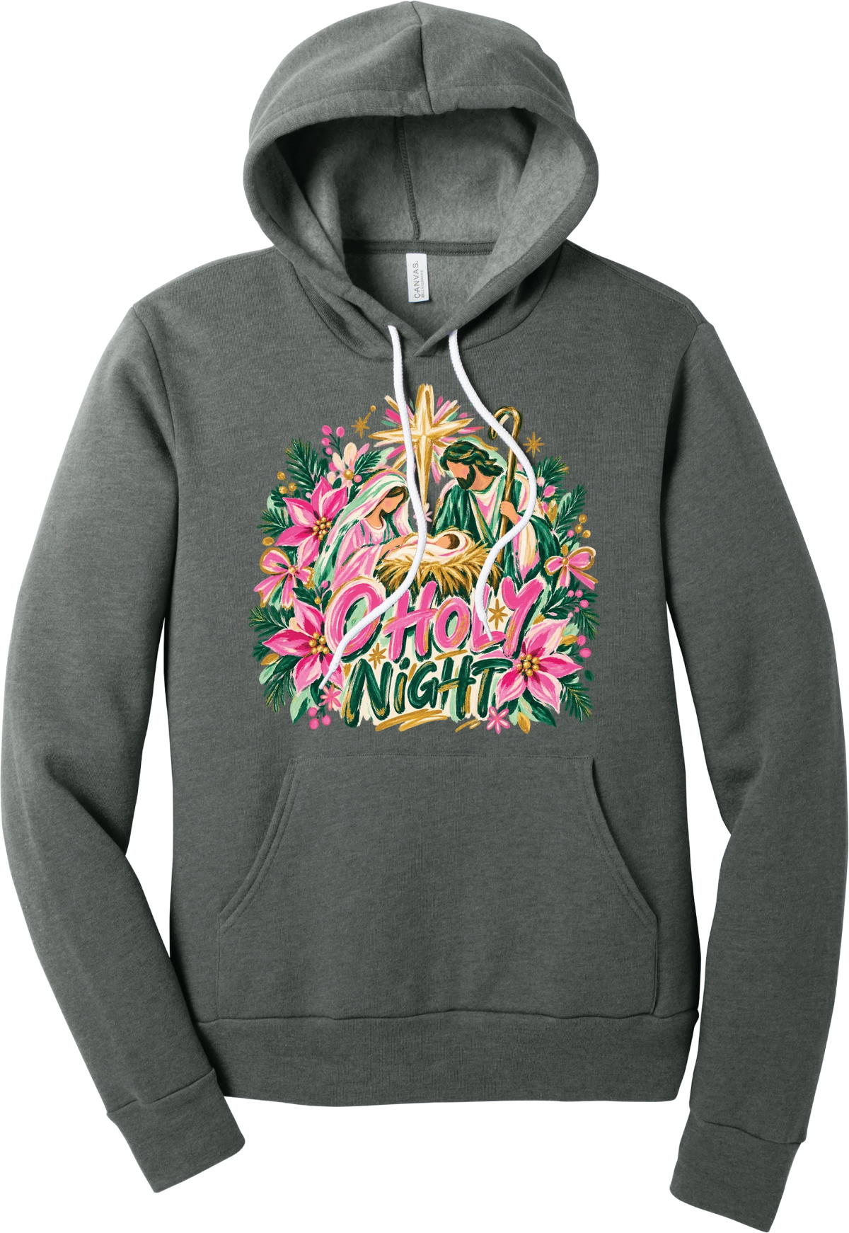 Artful O Holy Night hoodie in Deep Heather, featuring a painted nativity under the star of Bethlehem with O Holy Night lettering framed by pink poinsettias and evergreen