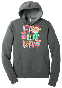 Fa La La Santa hoodie in Deep Heather, featuring puffy pastel FA LA LA letters with a smiling Santa, daisies, and ornaments
