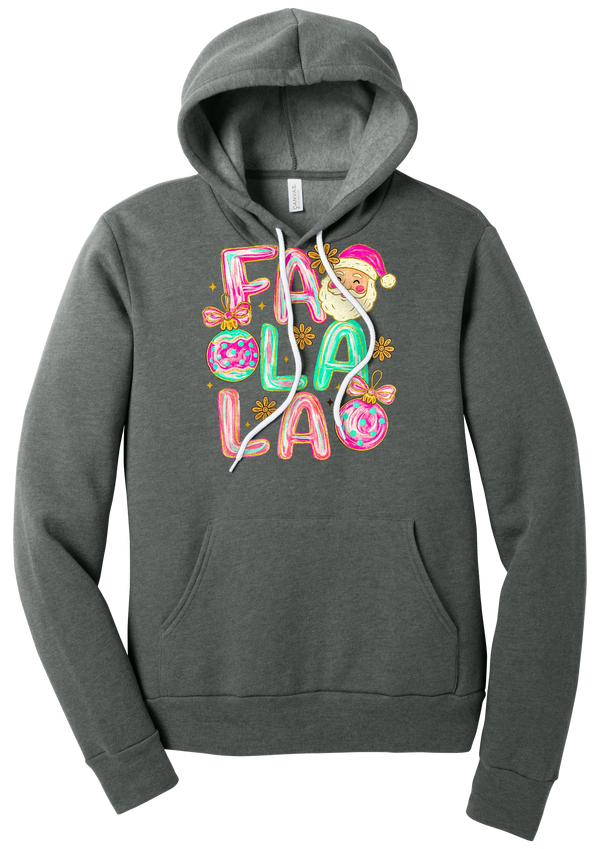 Fa La La Santa hoodie in Deep Heather, featuring puffy pastel FA LA LA letters with a smiling Santa, daisies, and ornaments