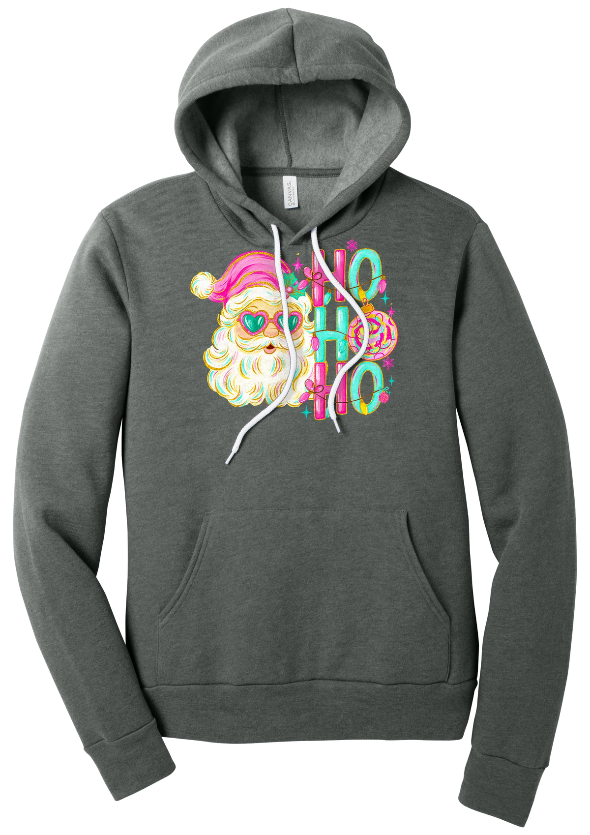 Ho Ho Ho Santa Portrait hoodie in Deep Heather, featuring a pink-hatted Santa in teal heart sunglasses with stacked HO HO HO letters