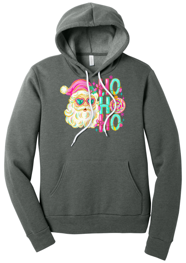 Ho Ho Ho Santa Portrait hoodie in Deep Heather, featuring a pink-hatted Santa in teal heart sunglasses with stacked HO HO HO letters