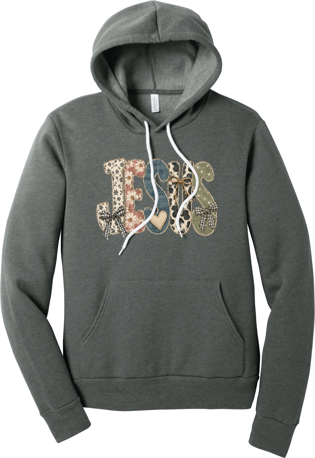 Jesus Patchwork hoodie in Deep Heather, featuring JESUS in patchwork letters of floral, leopard, denim, and cow print with gingham bows and a heart
