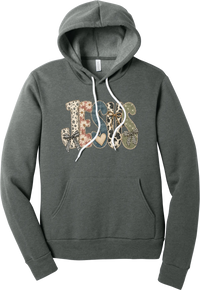 Jesus Patchwork hoodie in Deep Heather, featuring JESUS in patchwork letters of floral, leopard, denim, and cow print with gingham bows and a heart