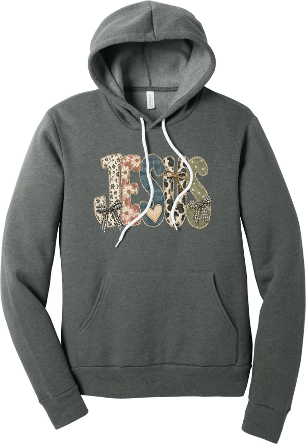 Jesus Patchwork hoodie in Deep Heather, featuring JESUS in patchwork letters of floral, leopard, denim, and cow print with gingham bows and a heart