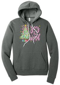 Joy to the World Pastel Tree hoodie in Deep Heather, featuring a pastel tinsel tree with a bow beside Joy to the World pink script