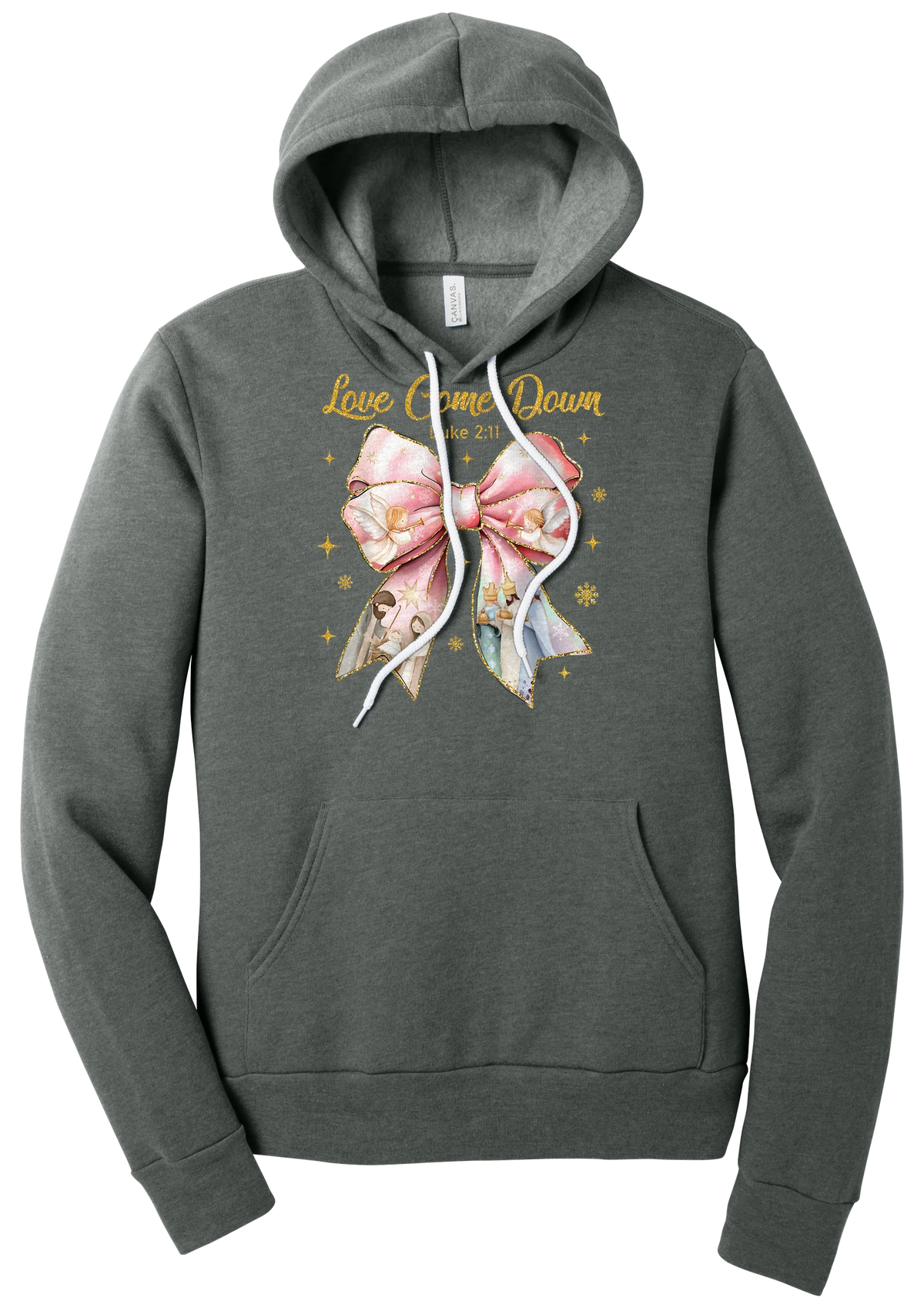 Love Came Down Nativity Bow hoodie in Deep Heather, featuring a blush satin bow with painted nativity scenes under gold Love Came Down script and Luke 2:11