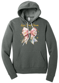 Love Came Down Nativity Bow hoodie in Deep Heather, featuring a blush satin bow with painted nativity scenes under gold Love Came Down script and Luke 2:11