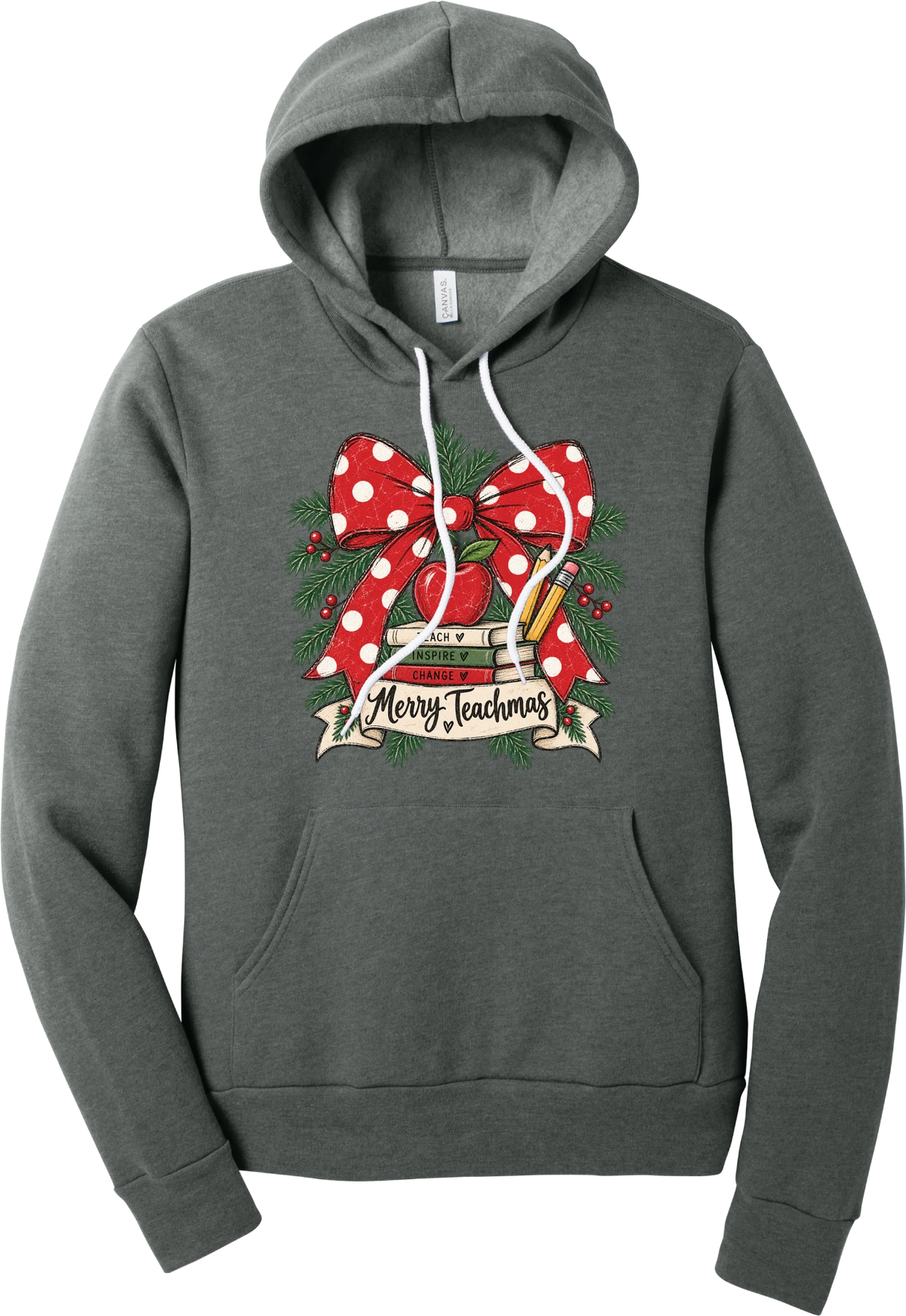 Merry Teachmas hoodie in Deep Heather, featuring a red polka dot bow over a stack of books reading Teach, Inspire, Change with an apple, pencils, evergreen, and a Merry Teachmas banner