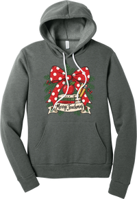 Merry Teachmas hoodie in Deep Heather, featuring a red polka dot bow over a stack of books reading Teach, Inspire, Change with an apple, pencils, evergreen, and a Merry Teachmas banner