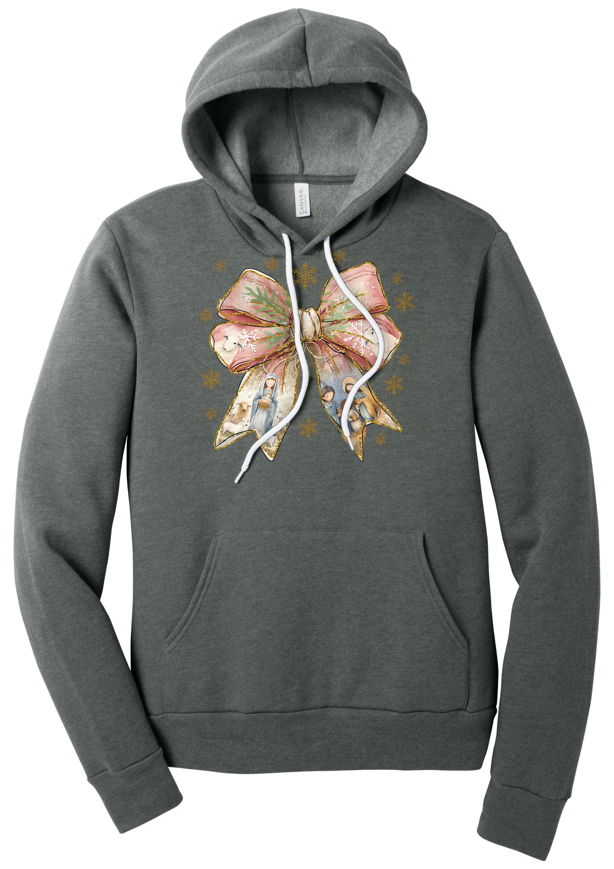 Nativity Bow hoodie in Deep Heather, featuring a blush satin bow with painted nativity scenes in its ribbons and gold snowflakes