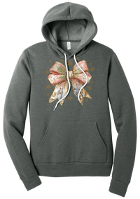 Nativity Bow hoodie in Deep Heather, featuring a blush satin bow with painted nativity scenes in its ribbons and gold snowflakes
