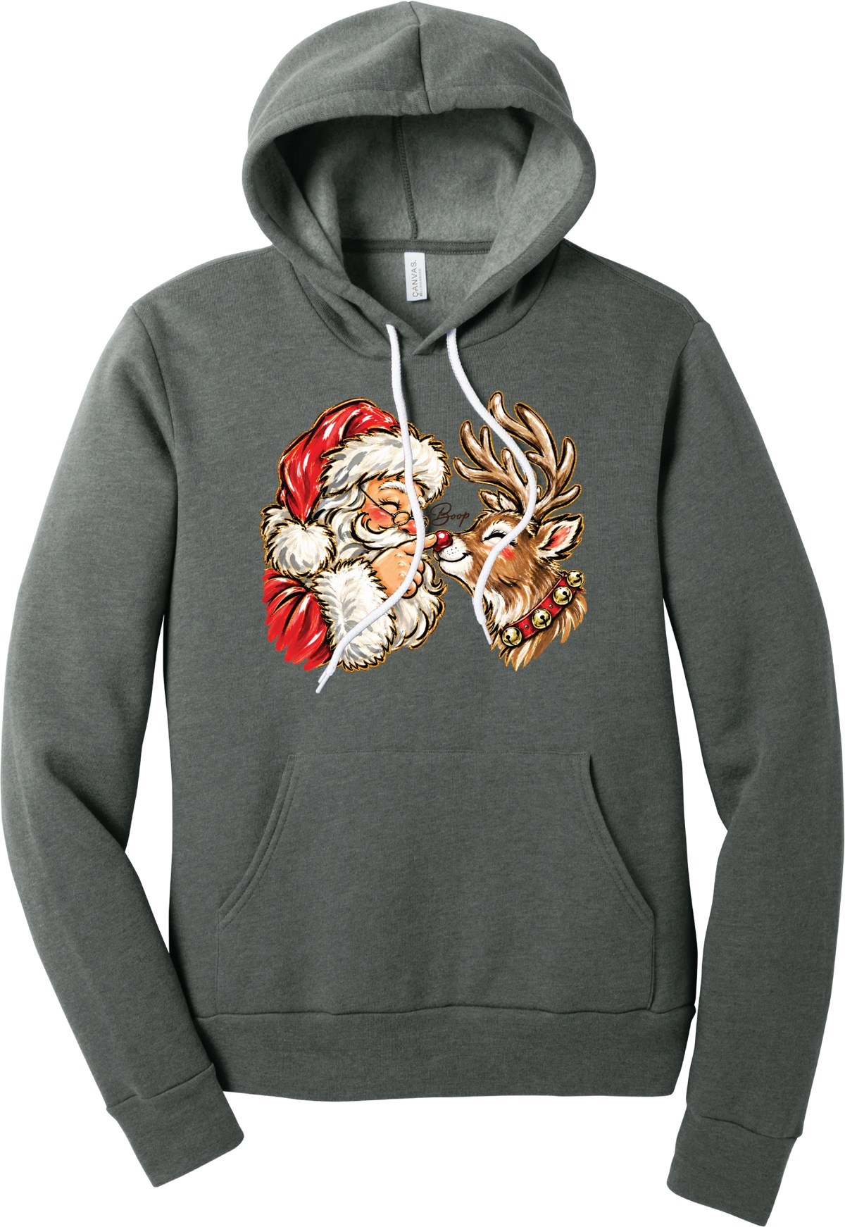 Santa and Rudolph Boop hoodie in Deep Heather, featuring a hand-painted vintage Santa booping a smiling reindeer on its red nose