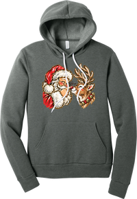 Santa and Rudolph Boop hoodie in Deep Heather, featuring a hand-painted vintage Santa booping a smiling reindeer on its red nose