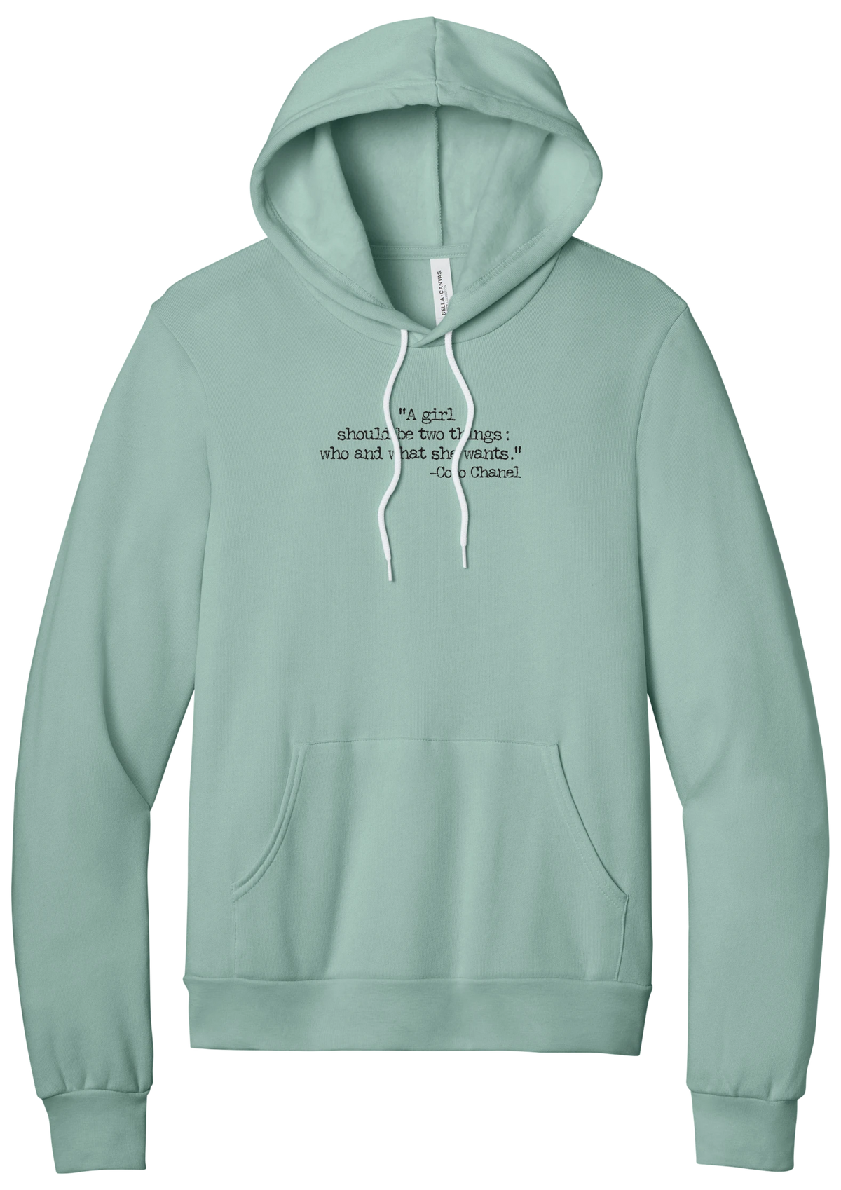 Coco Chanel Who and What Quote hoodie in Dusty Blue, featuring A girl should be two things who and what she wants in distressed black typewriter letters