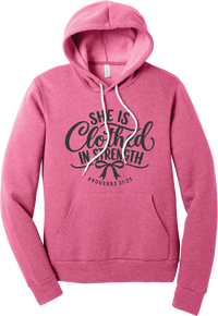 Clothed in Strength hoodie in Heather Charity Pink, featuring She Is Clothed in Strength in hand lettered script with a bow and Proverbs 31:25