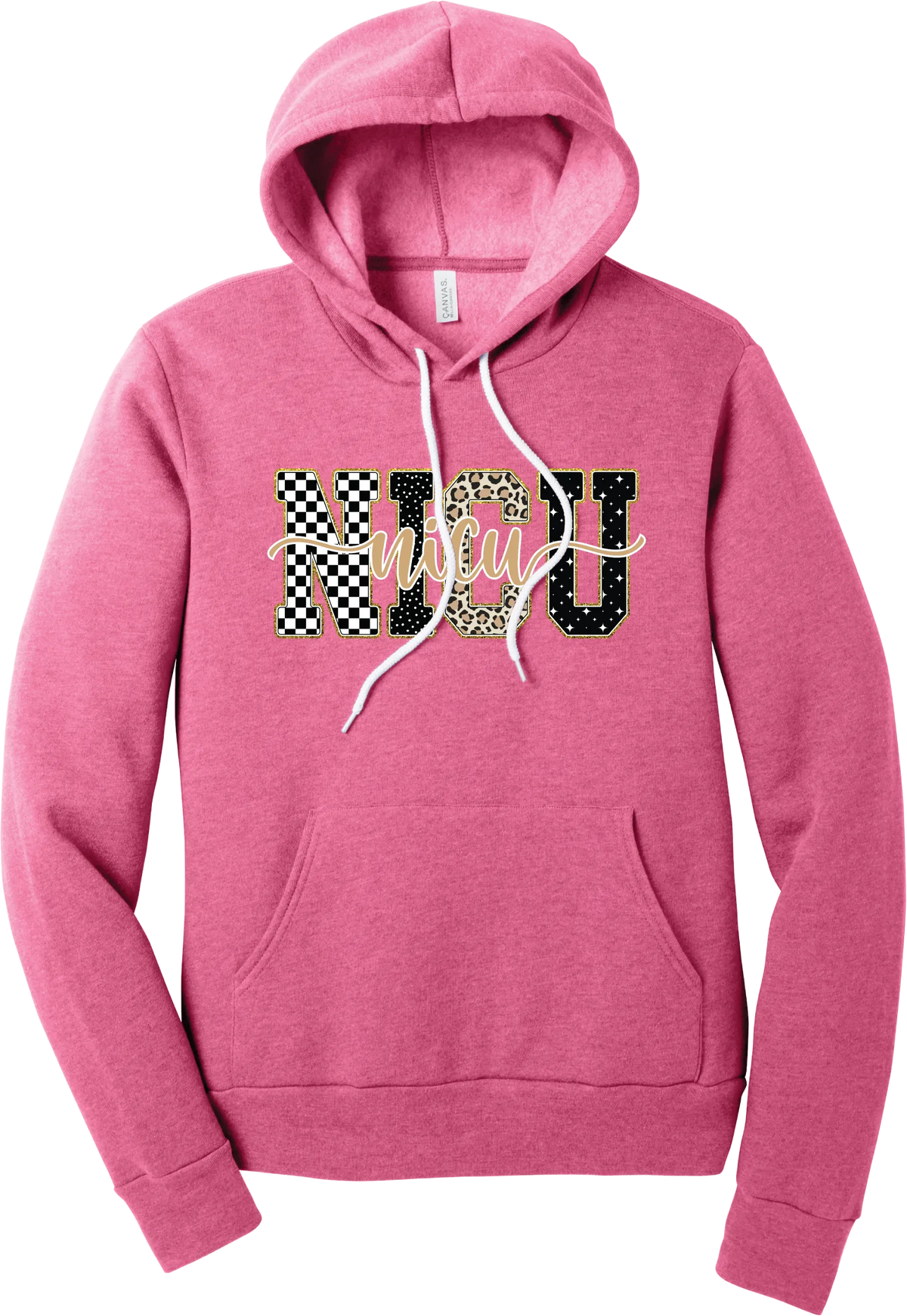 Glitzy Patterned NICU hoodie in Heather Charity Pink, featuring NICU block letters in checkerboard, polka dot, leopard, and starry patterns with a gold glitter outline and nicu script