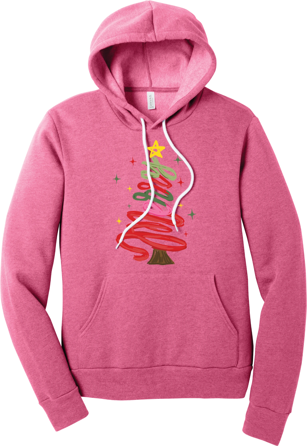 Hand Script Merry Christmas Tree hoodie in Heather Charity Pink, featuring loopy hand-drawn script in red, pink, and green forming a Christmas tree with a gold star and sparkles