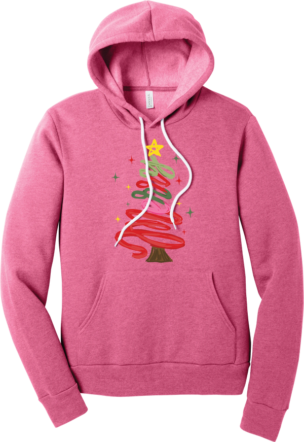 Hand Script Merry Christmas Tree hoodie in Heather Charity Pink, featuring loopy hand-drawn script in red, pink, and green forming a Christmas tree with a gold star and sparkles