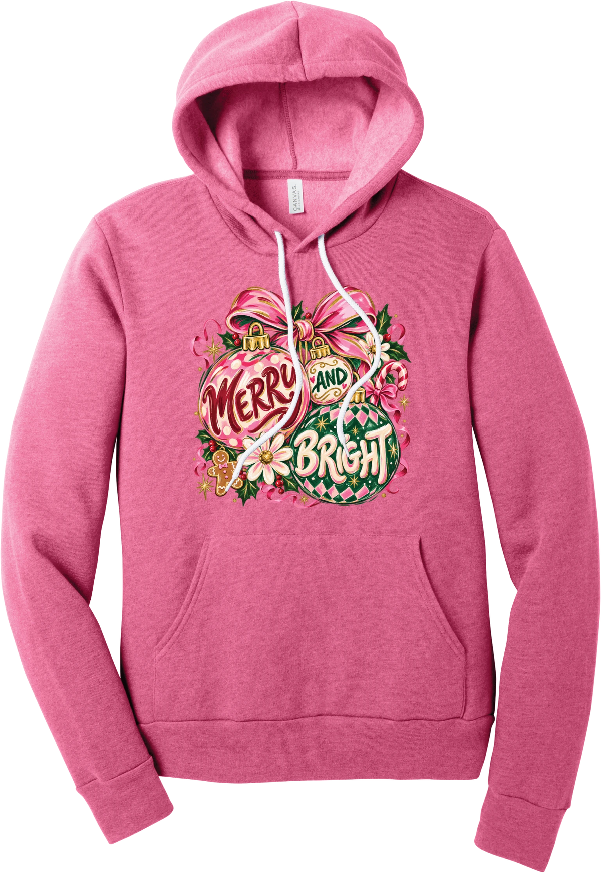 Merry and Bright Ornaments hoodie in Heather Charity Pink, featuring hand-painted pink and green ornaments reading Merry and Bright with a pink bow, holly, daisies, a candy cane, and a gingerbread man
