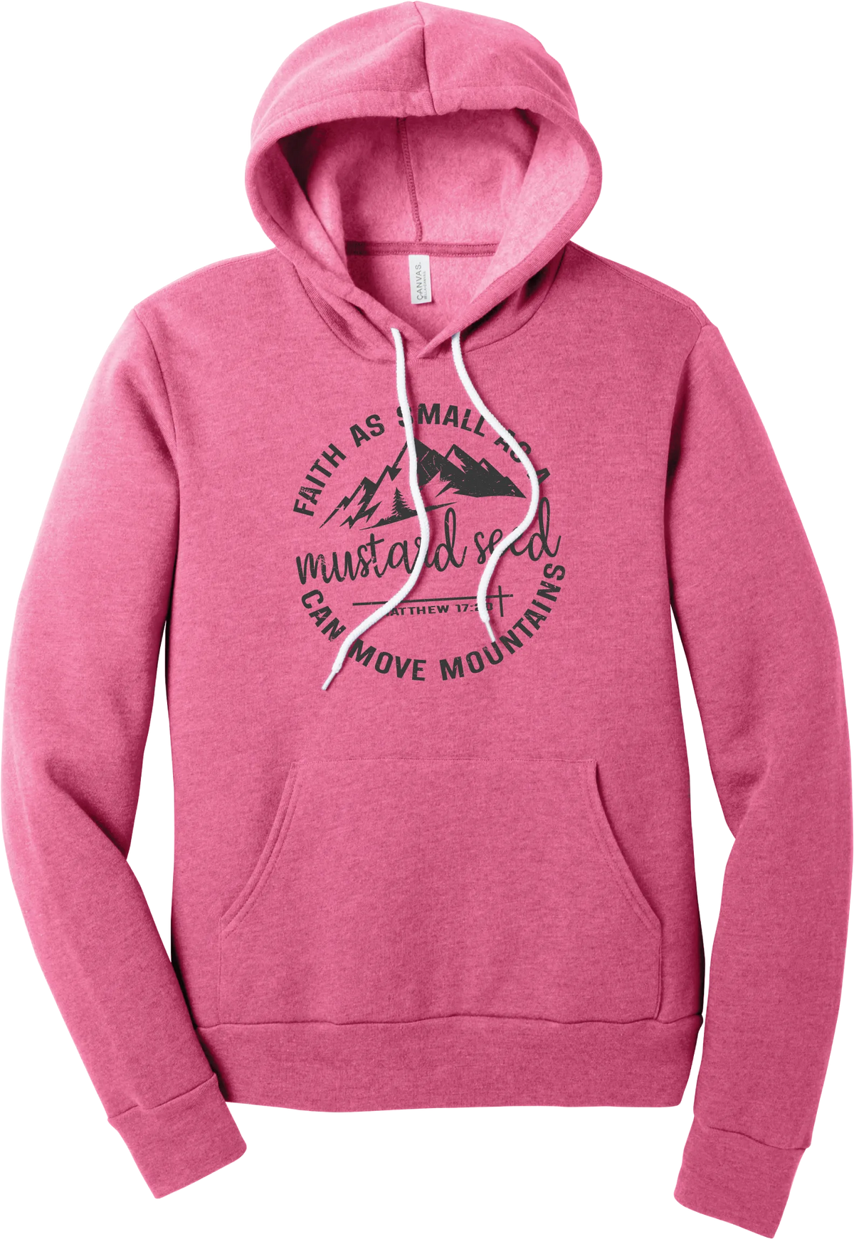 Mustard Seed Faith hoodie in Heather Charity Pink, featuring a circle badge of mountains and a cross with Faith as Small as a Mustard Seed Can Move Mountains lettering and Matthew 17:20