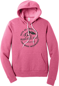 Mustard Seed Faith hoodie in Heather Charity Pink, featuring a circle badge of mountains and a cross with Faith as Small as a Mustard Seed Can Move Mountains lettering and Matthew 17:20