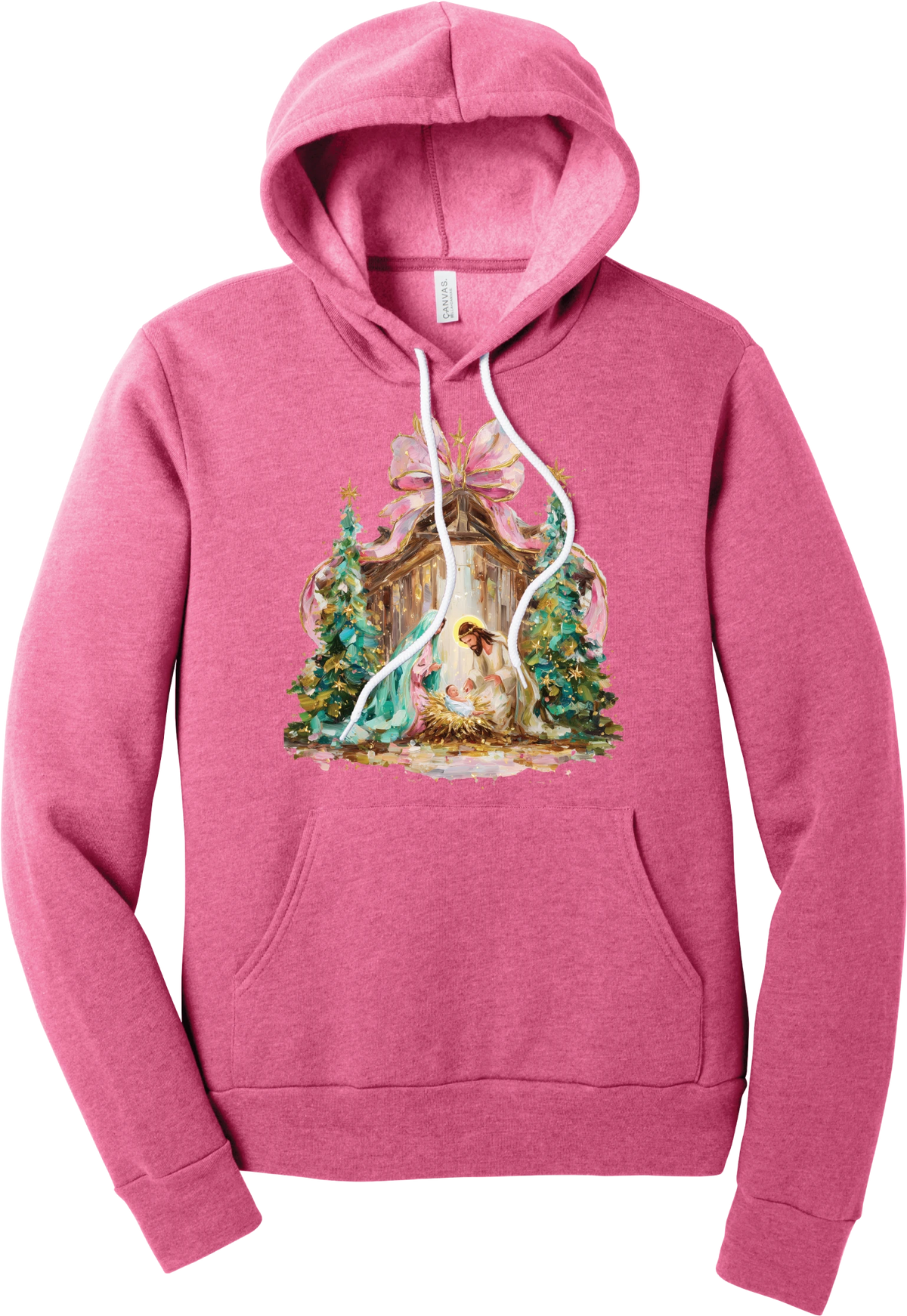 Painterly Nativity hoodie in Heather Charity Pink, featuring a painterly nativity scene with Mary, Joseph, and baby Jesus in a wooden stable between teal Christmas trees and a pink bow