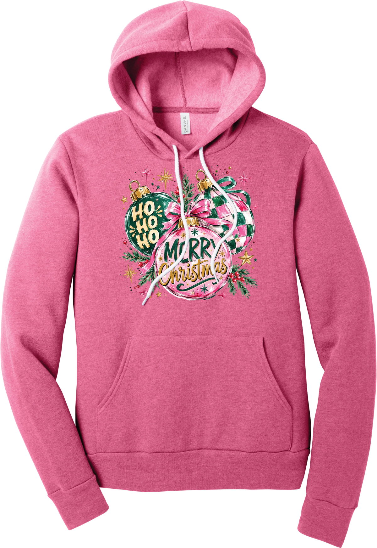 Preppy Christmas Decorations hoodie in Heather Charity Pink, featuring preppy pink and green Christmas ornaments with checkerboard, ribbon bows, HO HO HO, and Merry Christmas in gold script