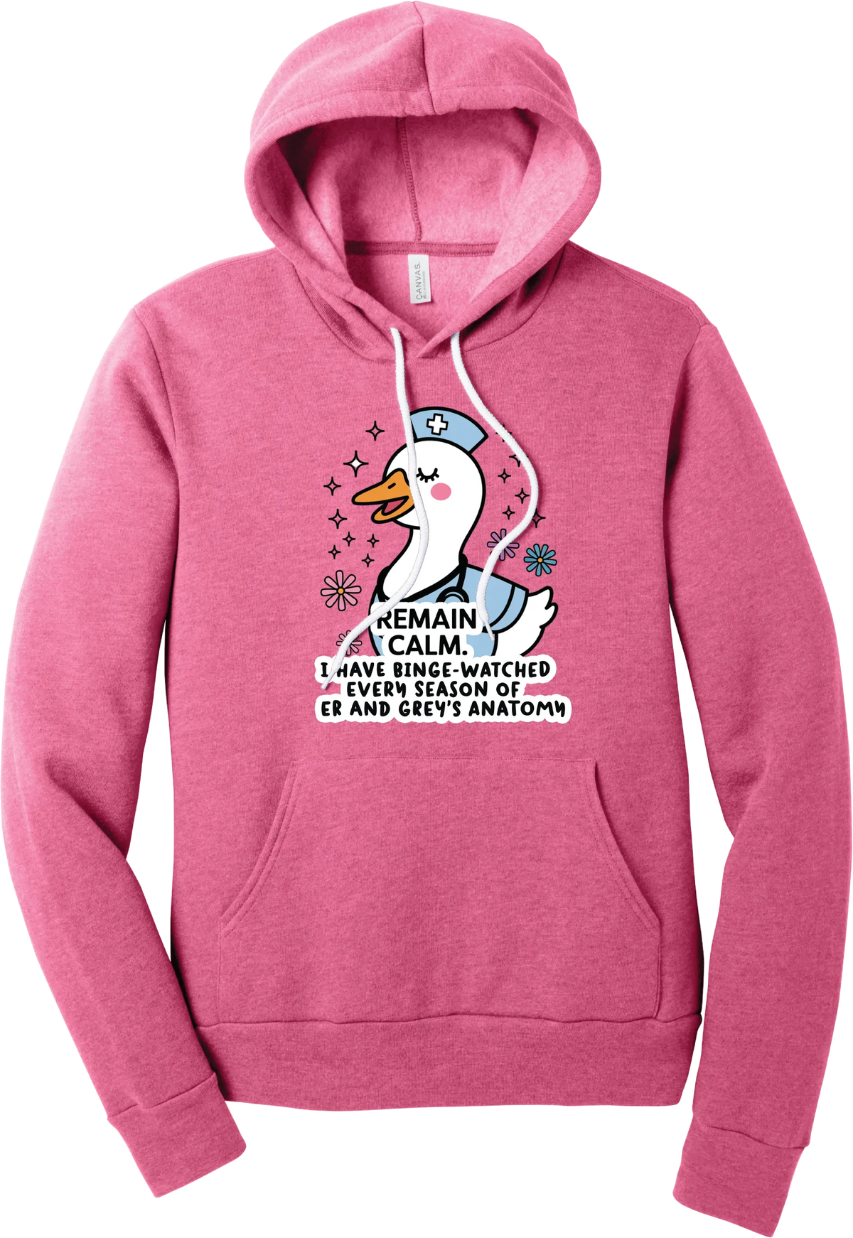 Remain Calm Nurse hoodie in Heather Charity Pink, featuring a smiling nurse goose in a cap and scrubs with sparkles and flowers above Remain Calm text