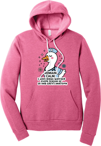 Remain Calm Nurse hoodie in Heather Charity Pink, featuring a smiling nurse goose in a cap and scrubs with sparkles and flowers above Remain Calm text