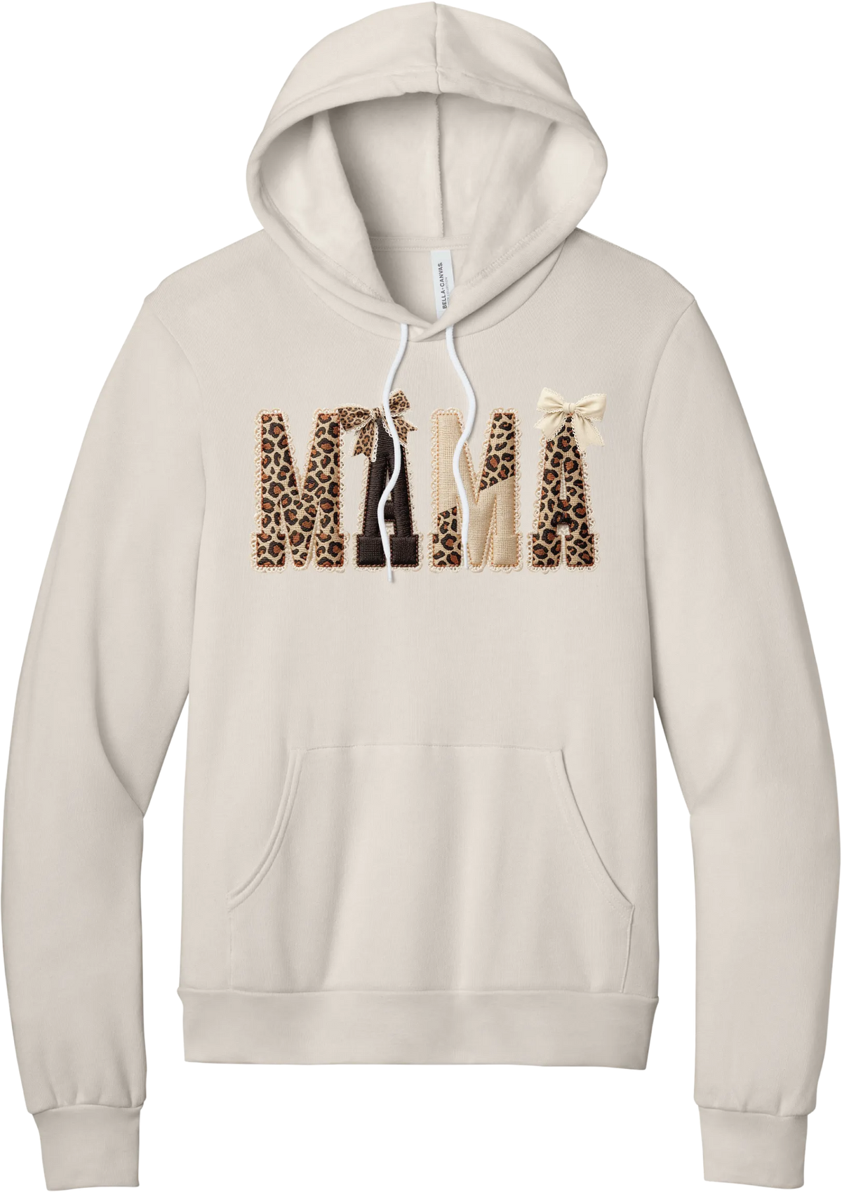 Mama Leopard Applique hoodie in Heather Dust, featuring MAMA spelled out in leopard, cream, and chocolate patches with a scalloped stitched applique look and two bows